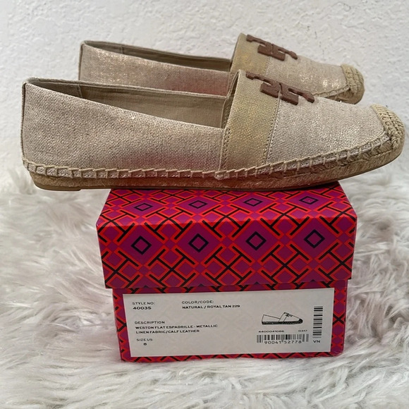 TORY BURCH WESTON FLAT ESPADRILLE METALLIC LINEN FABRIC CALF LEATHER SIZE 8 NEW - Picture 5 of 11